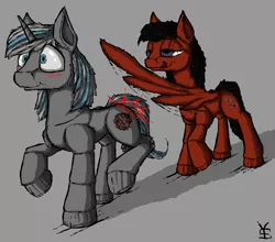 Size: 1021x899 | Tagged: safe, artist:yahmos, derpibooru import, oc, oc:riley, unofficial characters only, pegasus, pony, unicorn, blushing, butt touch, feathermarking, gay, male, spanking, wingspank