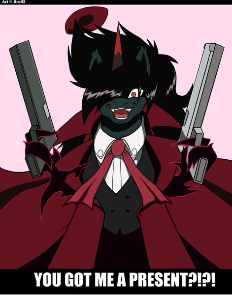 Size: 995x1268 | Tagged: alucard, arbmos, artist:droll3, derpibooru import, hellsing, hellsing ultimate abridged, image macro, king sombra, meme, safe, solo, sombracard, team four star