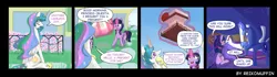 Size: 2067x579 | Tagged: safe, artist:reikomuffin, derpibooru import, princess celestia, princess luna, twilight sparkle, twilight sparkle (alicorn), alicorn, pony, anvil, broken english, cake, cakelestia, comic, dream, dream walker luna, female, food, glowing hooves, glowing horn, horseshoes, knocked silly, magic, mare, on back, open mouth, present, telekinesis, trolluna, unconscious