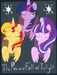 Size: 5000x6500 | Tagged: dead source, safe, artist:rarityforever, derpibooru import, starlight glimmer, sunset shimmer, twilight sparkle, twilight sparkle (alicorn), alicorn, pony, absurd resolution, alicornified, eyes closed, fanfic art, fanfic cover, one eye closed, race swap, shimmercorn, starlicorn, the rise and fall of twilight, xk-class end-of-the-world scenario
