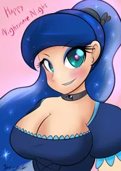 Size: 1240x1754 | Tagged: artist:thearcano13, breasts, busty princess luna, choker, cleavage, clothes, costume, derpibooru import, female, heart eyes, human, humanized, maid, nightmare night, princess luna, safe, smiling, solo, wingding eyes