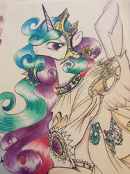 Size: 1024x1371 | Tagged: artist:nastylady, artist:sonicwolf02, clothes, dead source, derpibooru import, dress, jewelry, princess celestia, safe, smiling, solo, traditional art