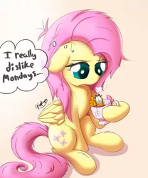 Size: 816x979 | Tagged: safe, artist:bugplayer, derpibooru import, edit, fluttershy, pegasus, pony, chinese text, cup, female, floppy ears, food, garfield, mare, messy mane, monday, morning ponies, simple background, sitting, solo, tea, thought bubble