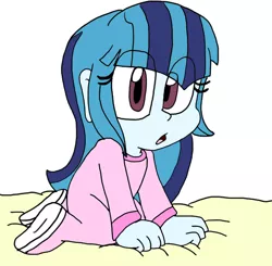 Size: 756x742 | Tagged: safe, artist:shonatabeata, derpibooru import, sonata dusk, equestria girls, bed, blanket, cute, footed sleeper, solo, sonatabetes, toddler, younger