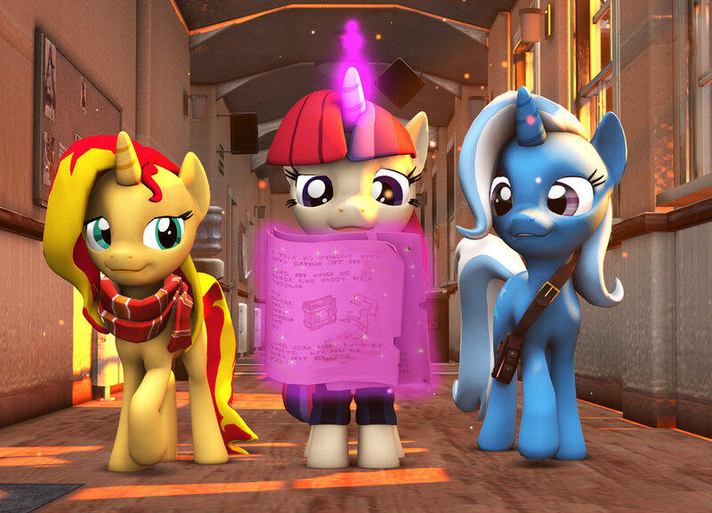 Size: 1024x737 | Tagged: safe, artist:turbovilka, derpibooru import, moondancer, sunset shimmer, trixie, pony, unicorn, 3d, bag, clothes, hallway, magic, scarf, source filmmaker