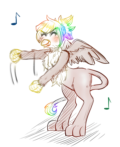 Size: 900x1100 | Tagged: safe, artist:askdarlingadelaide, derpibooru import, oc, oc:rainbow feather, unofficial characters only, gryphon, cute, dancing, interspecies offspring, music, offspring, parent:gilda, parent:rainbow dash, parents:gildash, solo