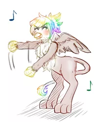 Size: 900x1100 | Tagged: safe, artist:askdarlingadelaide, derpibooru import, oc, oc:rainbow feather, unofficial characters only, gryphon, cute, dancing, interspecies offspring, music, offspring, parent:gilda, parent:rainbow dash, parents:gildash, solo