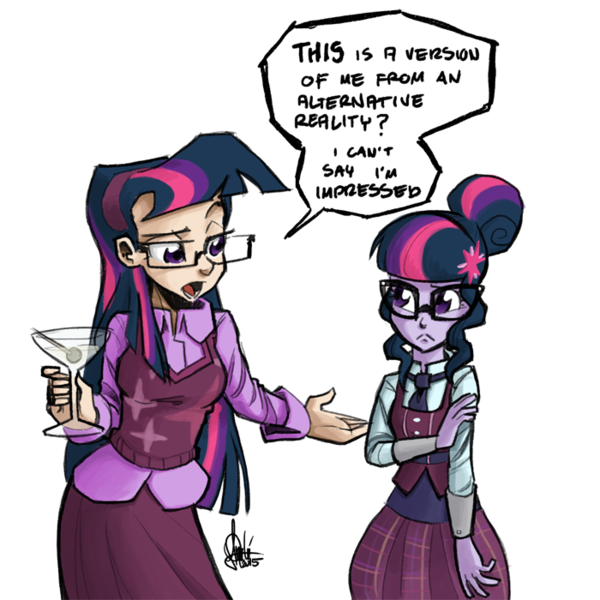 Size: 700x700 | Tagged: safe, artist:theartrix, derpibooru import, sci-twi, twilight sparkle, equestria girls, friendship games, alcohol, food, glasses, humanized, martini, mouthpiece, self abuse, self paradox, sweater vest, twolight