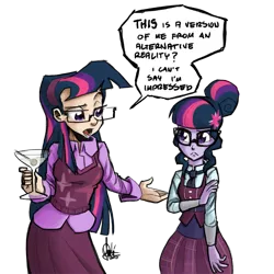 Size: 700x700 | Tagged: safe, artist:theartrix, derpibooru import, sci-twi, twilight sparkle, equestria girls, friendship games, alcohol, food, glasses, humanized, martini, mouthpiece, self abuse, self paradox, sweater vest, twolight