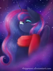 Size: 960x1280 | Tagged: artist:fairyrave, clothes, derpibooru import, princess luna, safe, scarf, solo, stars, wink