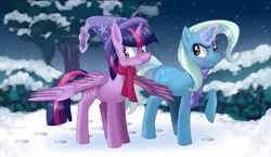 Size: 6000x3486 | Tagged: dead source, safe, artist:scrafgty, derpibooru import, trixie, twilight sparkle, twilight sparkle (alicorn), alicorn, pony, absurd resolution, blushing, clothes, female, hat, lesbian, magic, mare, raised hoof, scarf, scrunchy face, shipping, smiling, snow, spread wings, telekinesis, twixie, winter