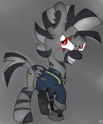 Size: 1024x1229 | Tagged: angry, artist:theartistsora, commission, derpibooru import, fallout, fallout equestria, oc, oc:mcmiag, prosthetic limb, prosthetics, red eyes, safe, scar, sticky note, unofficial characters only, vault suit, zebra