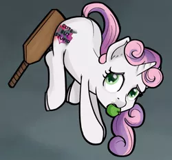 Size: 896x832 | Tagged: semi-grimdark, artist:ohohokapi, deleted from derpibooru, derpibooru import, sweetie belle, unicorn, abuse, cute but stupid, paddle, solo, spanking, sweetiebuse