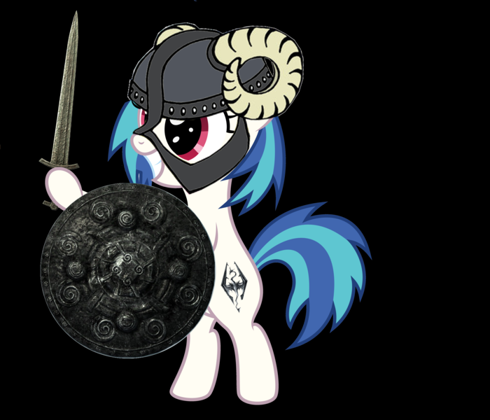 Size: 6980x5985 | Tagged: safe, artist:scratchie, derpibooru import, edit, vinyl scratch, pony, unicorn, absurd resolution, cutie mark, dovahkiin, female, helmet, hooves, horn, mare, shield, skyrim, smiling, solo, sword, teeth, the elder scrolls, weapon