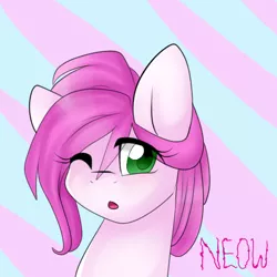 Size: 512x512 | Tagged: safe, artist:girorogirl, derpibooru import, oc, oc:neow, unofficial characters only, pegasus, pony, pink, portrait, wink