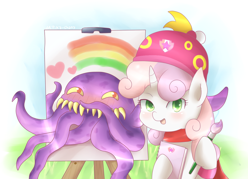 Size: 1450x1050 | Tagged: artist:pika-chany, derpibooru import, final fantasy vi, painting, relm arrowny, safe, sweetie belle, ultros