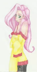 Size: 900x1727 | Tagged: alternate costumes, artist:nighthawkryuu, blushing, derpibooru import, fluttershy, human, humanized, safe, solo