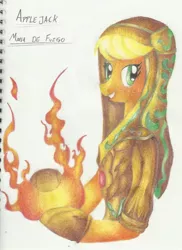 Size: 900x1235 | Tagged: safe, artist:nighthawkryuu, derpibooru import, applejack, alternate costumes, fire, fire mage, mage, solo