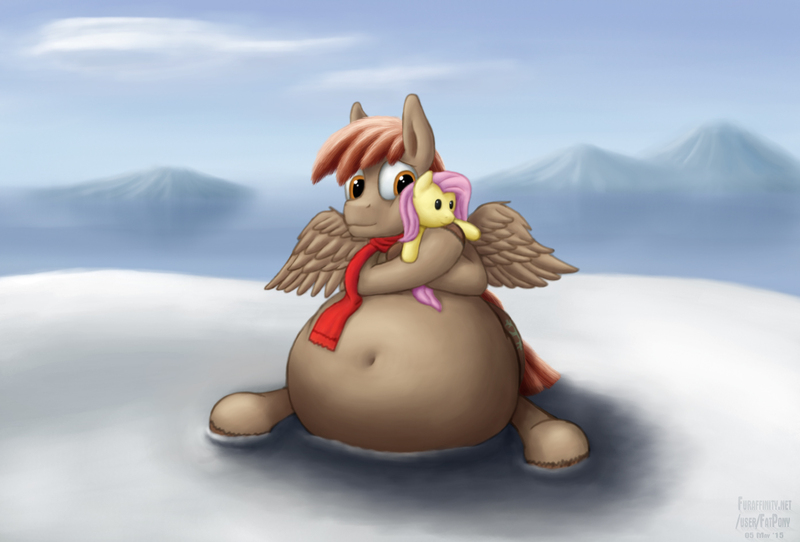 Size: 1391x942 | Tagged: suggestive, artist:jesseorange, derpibooru import, fluttershy, oc, oc:winterlight, pegasus, pony, belly, bhm, clothes, fat, huge belly, obese, plushie, scarf, snow, solo