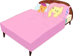 Size: 900x697 | Tagged: bed, cute, cutealoo, derpibooru import, eyes closed, fluttershy, open mouth, safe, scootaloo, scootalove, shyabetes, simple background, sleeping, :t, transparent background, vector, weapons-grade cute, yawn