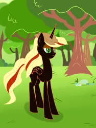 Size: 1500x2000 | Tagged: safe, artist:mremerald34, derpibooru import, applejack, alicorn, pony, fanfic, alicornified, applecorn, fanfic art, field, nightmare applejack, nightmarified, race swap, solo, tree