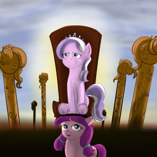 Size: 1472x1472 | Tagged: safe, artist:kwendynew, derpibooru import, diamond tiara, lily longsocks, earth pony, pony, background pony, female, filly, strong, super strength, surreal, throne, underhoof