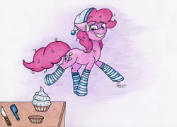 Size: 2314x1653 | Tagged: artist:spirit-dude, clothes, cupcake, derpibooru import, fanfic:cupcakes, fanfic fuel, food, implied cupcakes, messy mane, nervous, pinkie pie, safe, socks, solo, striped socks, traditional art