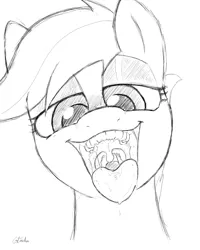 Size: 1000x1250 | Tagged: suggestive, artist:gtsdev, derpibooru import, scootaloo, bedroom eyes, drool, drool string, esophagus, gullet, human teeth, imminent vore, implied vore, kitchen eyes, maw, mawshot, non-fatal vore, open mouth, saliva puddle, salivating, scootapred, solo, taste buds, tongue out, uvula