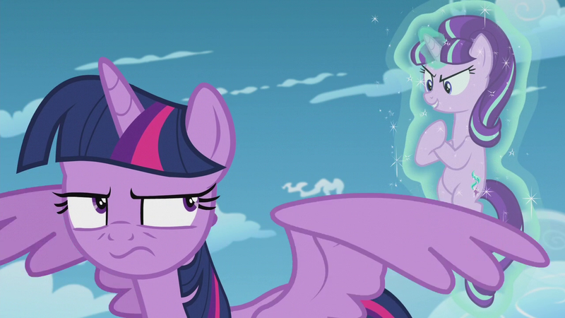 Size: 1280x720 | Tagged: safe, derpibooru import, screencap, starlight glimmer, twilight sparkle, twilight sparkle (alicorn), alicorn, pony, the cutie re-mark, annoyed, female, frown, grumpy, grumpy twilight, levitation, magic, mare, reaction image, s5 starlight, self-levitation, smug, smuglight glimmer, spread wings, telekinesis