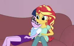 Size: 1200x750 | Tagged: safe, artist:bootsyslickmane, derpibooru import, sci-twi, sunset shimmer, twilight sparkle, fanfic, fanfic:the shadowbolts adventures, equestria girls, friendship games, alternate costumes, alternate hairstyle, clothes, couch, cuddling, fanfic art, female, glasses, lesbian, scitwishimmer, shipping, snuggling, sunsetsparkle