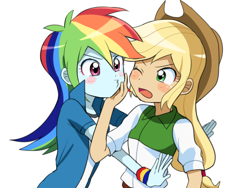 Size: 1750x1320 | Tagged: safe, artist:ryuu, derpibooru import, applejack, rainbow dash, equestria girls, appledash, applejack the anti-shipper, applelove, blushing, female, kissy face, lesbian, shipping, shipping denied, simple background, white background