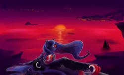 Size: 3800x2300 | Tagged: safe, artist:mokychan, derpibooru import, princess luna, oc, oc:hyper active, canon x oc, cloud, cute, horizon, hug, looking back, lunabetes, lying down, mountain, ocean, scenery, shipping, sleeping, sun, sunglasses, sunset, windswept mane, winghug