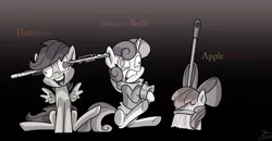 Size: 1807x938 | Tagged: apple bloom, apple broom, artist:trace-101, broom, clothes, crudely marked crusaders, cutie mark crusaders, derpibooru import, flute, flutealoo, musical instrument, my little nuthouse, not salmon, pun, scootaloo, semi-grimdark, sweater, sweater belle, sweetie belle, wat