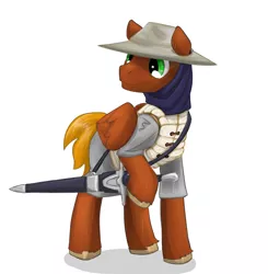 Size: 1076x1098 | Tagged: safe, artist:naked drawfag, derpibooru import, oc, oc:chinook, unofficial characters only, pegasus, pony, armor, male, simple background, solo, stallion, sword, tunic, weapon, witch hunter