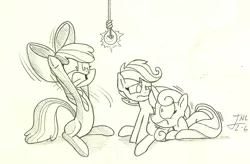 Size: 1108x728 | Tagged: apple bloom, artist:trace-101, cutie mark crusaders, derpibooru import, lightbulb, monochrome, safe, scared, scootaloo, sweetie belle, traditional art