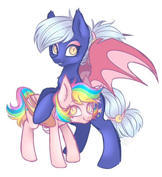 Size: 1280x1396 | Tagged: safe, artist:hawthornss, derpibooru import, oc, oc:moon sugar, oc:paper stars, unofficial characters only, bat pony, pony, amputee, bandage, cute, eyeshadow, fangs, grin, leaning, looking at you, makeup, simple background, sisters, smiling, spread wings, transparent background