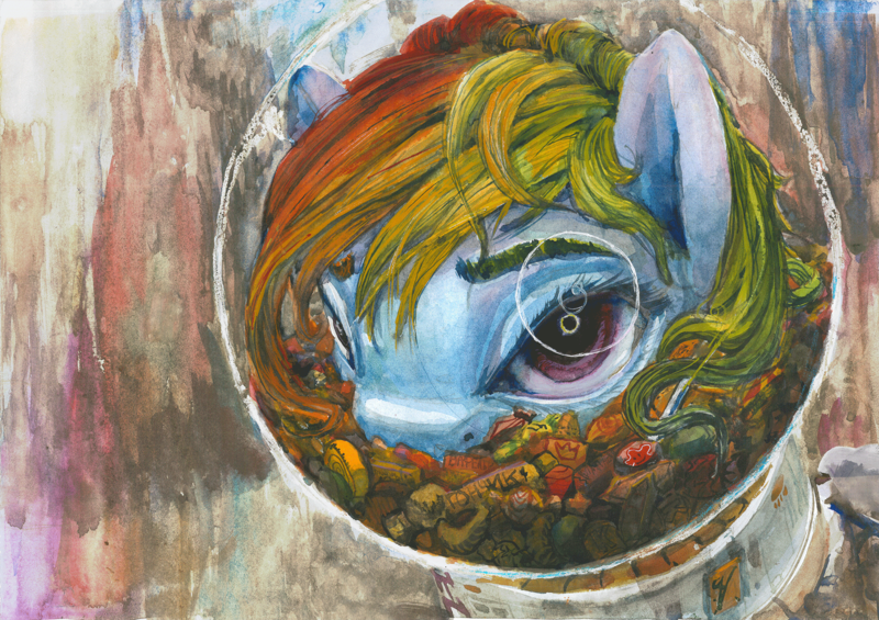 Size: 1900x1343 | Tagged: artist:quiet-victories, candy, derpibooru import, food, rainbow dash, safe, scare master, solo, surreal, traditional art, watercolor painting