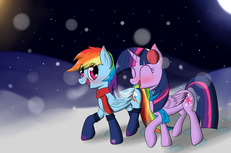 Size: 4911x3255 | Tagged: safe, artist:zogzor, derpibooru import, rainbow dash, twilight sparkle, twilight sparkle (alicorn), alicorn, pony, absurd resolution, clothes, earmuffs, female, hat, mare, moon, night, scarf, snow, snowfall, socks, winter