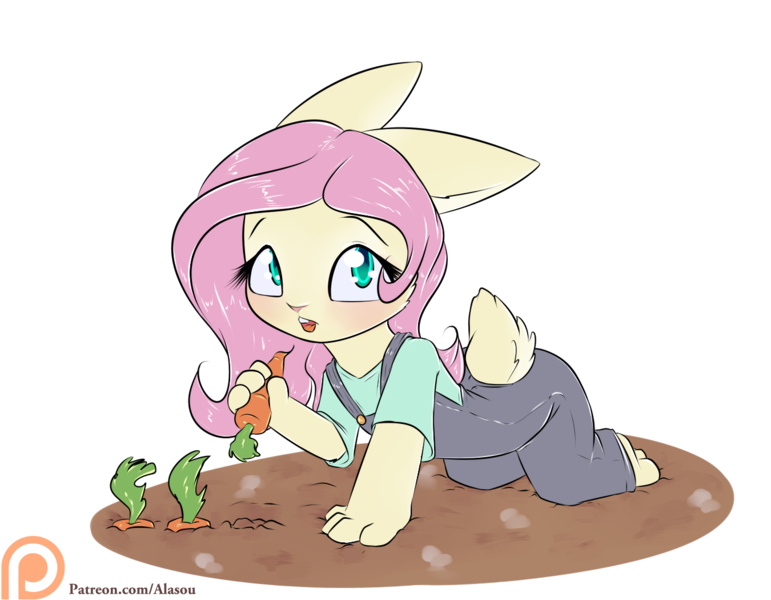 Size: 1350x1050 | Tagged: anthro, artist:alasou, breasts, bunnified, bunnyshy, carrot, clothes, cute, delicious flat chest, derpibooru import, flattershy, fluttershy, food, looking at you, open mouth, overalls, part of a set, patreon, patreon logo, rabbit, safe, shyabetes, simple background, solo, species swap, transparent background