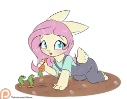 Size: 1350x1050 | Tagged: anthro, artist:alasou, breasts, bunnified, bunnyshy, carrot, clothes, cute, delicious flat chest, derpibooru import, flattershy, fluttershy, food, looking at you, open mouth, overalls, part of a set, patreon, patreon logo, rabbit, safe, shyabetes, simple background, solo, species swap, transparent background