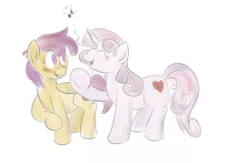 Size: 1280x914 | Tagged: artist:writtenwaiver, blushing, derpibooru import, explicit source, female, lesbian, music notes, older, safe, scootabelle, scootaloo, shipping, singing, sweetie belle