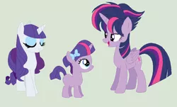 Size: 872x528 | Tagged: safe, artist:deppressedunicorn, derpibooru import, rarity, twilight sparkle, twilight sparkle (alicorn), oc, oc:amethyst sparkle, alicorn, pony, alternate hairstyle, base used, family, female, lesbian, magical lesbian spawn, mare, offspring, parent:rarity, parent:twilight sparkle, parents:rarilight, punklight sparkle, rarilight, shipping, simple background