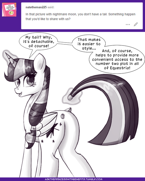 Size: 740x920 | Tagged: suggestive, artist:deusexequus, derpibooru import, twilight sparkle, twilight sparkle (alicorn), alicorn, pony, ask the princess of friendship with benefits, ask, detachable, detachable tail, dialogue, female, levitation, looking at you, looking back, magic, mare, modular, monochrome, open mouth, plot, speech bubble, tail, telekinesis, tumblr, twibutt