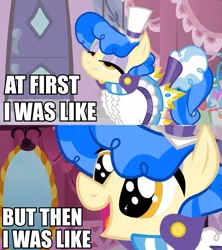 Size: 853x960 | Tagged: safe, derpibooru import, edit, edited screencap, screencap, sapphire shores, earth pony, pony, a dog and pony show, artifact, at first i was like but then i was like, caption, comic, cute, eye sparkles, female, image macro, impact font, mare, meme, sapphire sweetness, screencap comic, solo, wingding eyes