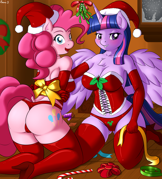 Size: 3800x4200 | Tagged: anthro, arm behind back, artist:ziemniax, ass, balloonbutt, bondage, breasts, busty twilight sparkle, cameltoe, candy, candy cane, chest fluff, christmas, cleavage, clothes, corset, derpibooru import, dock, evening gloves, explicit source, female, food, gift wrapped, gloves, hat, holly, mistletoe, panties, pinkie pie, questionable, ribbon, santa hat, thong, twilight sparkle, twilight sparkle (alicorn), underwear