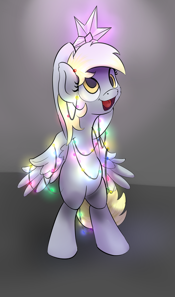 Size: 1403x2381 | Tagged: artist:klemm, christmas, christmas lights, christmas tree, derpibooru import, derpy hooves, hilarious in hindsight, safe, semi-anthro, simple background, solo, tree