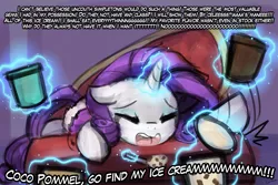 Size: 1125x750 | Tagged: safe, artist:lumineko, derpibooru import, rarity, pony, unicorn, 30 minute art challenge, comfort eating, couch, crying, cute, dialogue, drama queen, eyes closed, female, food, glowing horn, ice cream, implied coco pommel, implied marshmallow coco, magic, makeup, mare, marshmelodrama, offscreen character, open mouth, raribetes, running makeup, solo, telekinesis, whining