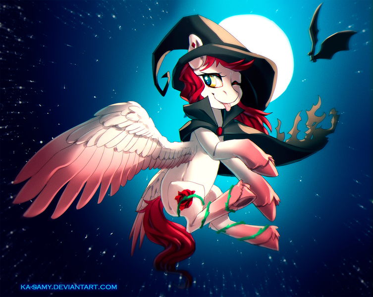 Size: 1250x996 | Tagged: safe, artist:ka-samy, derpibooru import, oc, oc:rose diamond, unofficial characters only, bat, :p, cape, clothes, ear piercing, flying, full moon, gem, hat, looking back, moon, night, night sky, one eye closed, piercing, solo, spread wings, stars, tongue out, underhoof, wink, witch, witch hat