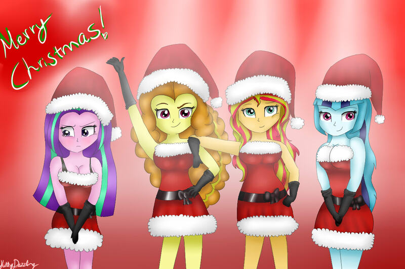 Size: 1200x800 | Tagged: suggestive, artist:kittydazzling, derpibooru import, adagio dazzle, aria blaze, sonata dusk, sunset shimmer, equestria girls, bare shoulders, blushing, breasts, busty adagio dazzle, busty aria blaze, busty sonata dusk, busty sunset shimmer, christmas, cleavage, clothes, female, females only, hat, santa costume, santa hat, sleeveless, strapless