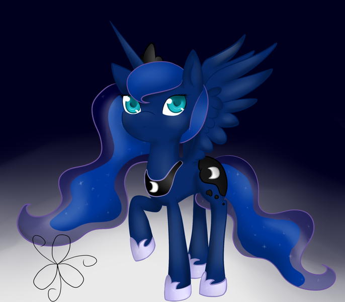 Size: 1024x896 | Tagged: safe, artist:bl00dyroses, derpibooru import, princess luna, raised hoof, solo, spread wings